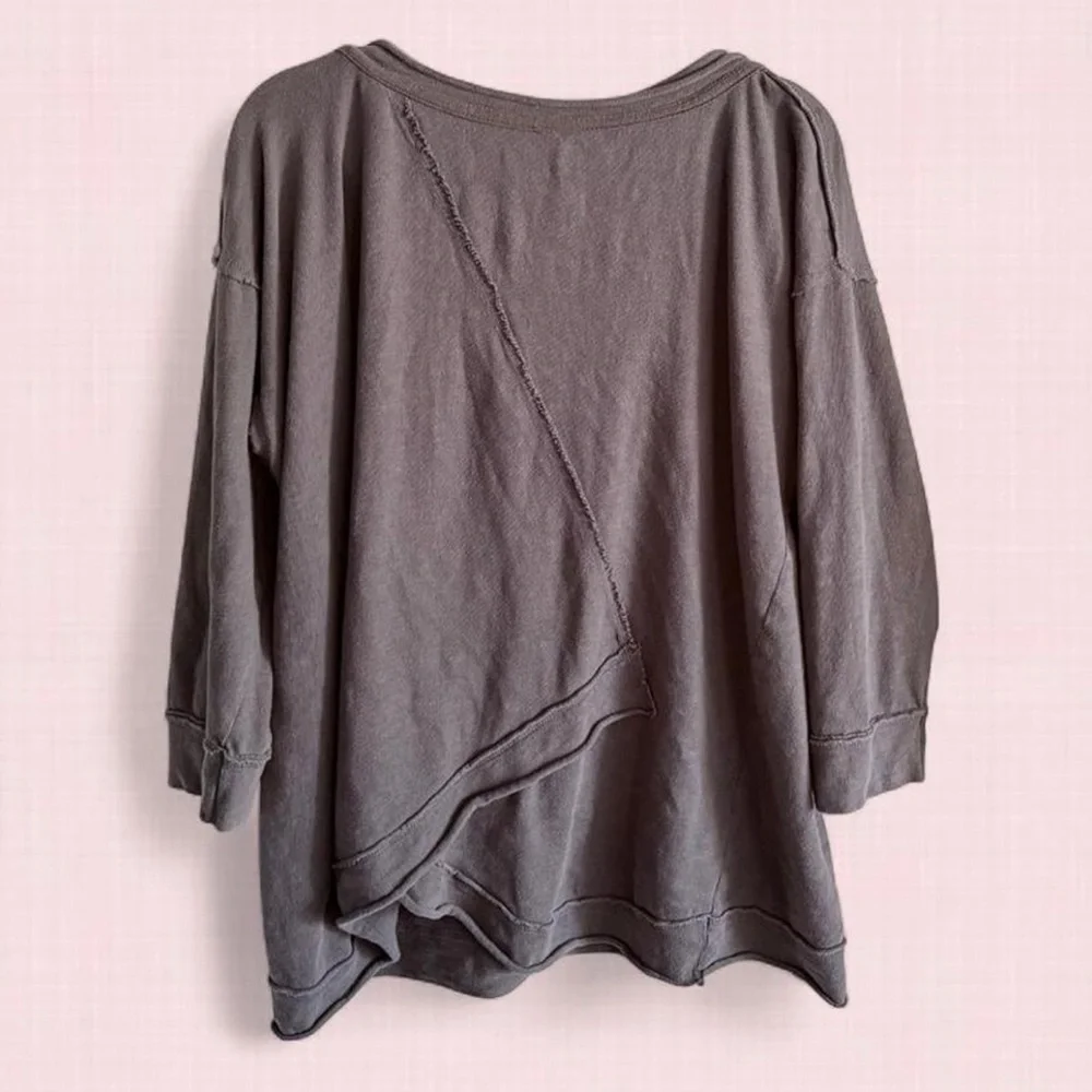 Intimately Free People XS Oversized 100% Cotton Slub Henley Raw Edge Gray Top - Picture 2 of 4
